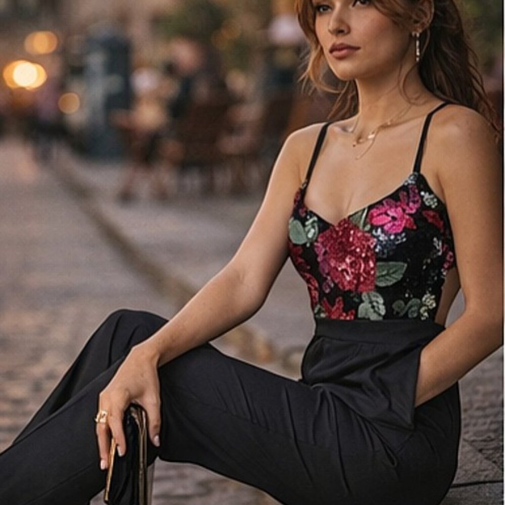 🌺 Mustard Seed Sequin Floral Cut-Out Back Tapered Pants Jumpsuit Evening Party - Picture 4 of 9